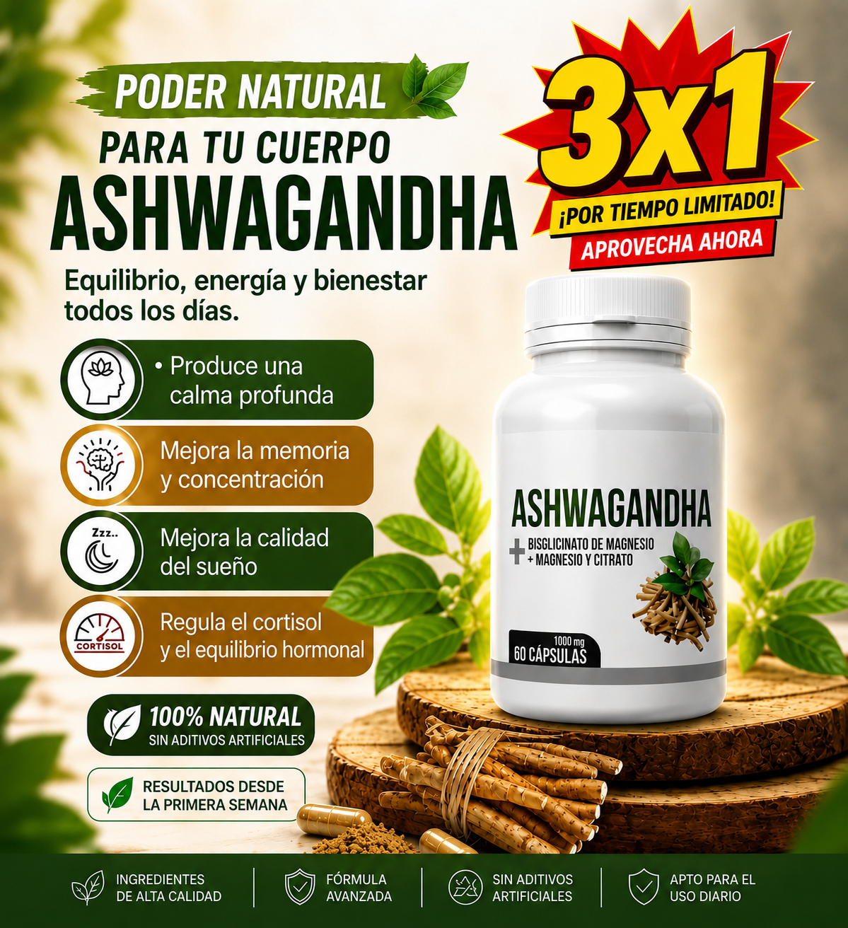 3 Frascos Ashwagandha 60 + Bisglicinato de Magnesio 1000mg